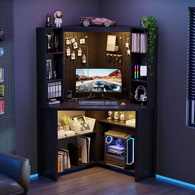 Corner Desk with LED Reading Lights L Shaped Computer Desk with Hutch &amp Shelves Triangle Home Office Desk w/ Charging Station for Work &amp Study File Cabinet Storage Bookshelf for Small Space