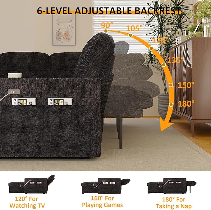 90 Inch Sleeper Sofa Bed 4 in 1 Pull Out Couch Bed with Adjustable Backrest | Reversible Storage Chaise | Wide Armrest | Tool Free Assembly Sectional Couches for Living Room Black Chenille