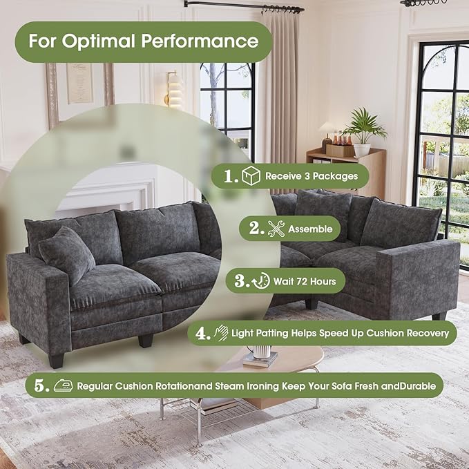 97 L Shaped Sectional Couch Comfy Chenille Cloud Couch 5 Seat Modular Cloud Sofa with 2 Pillows &amp Storage Armrests Convertible V Shaped Corner Couch Sectional Couches for Living Room Grey