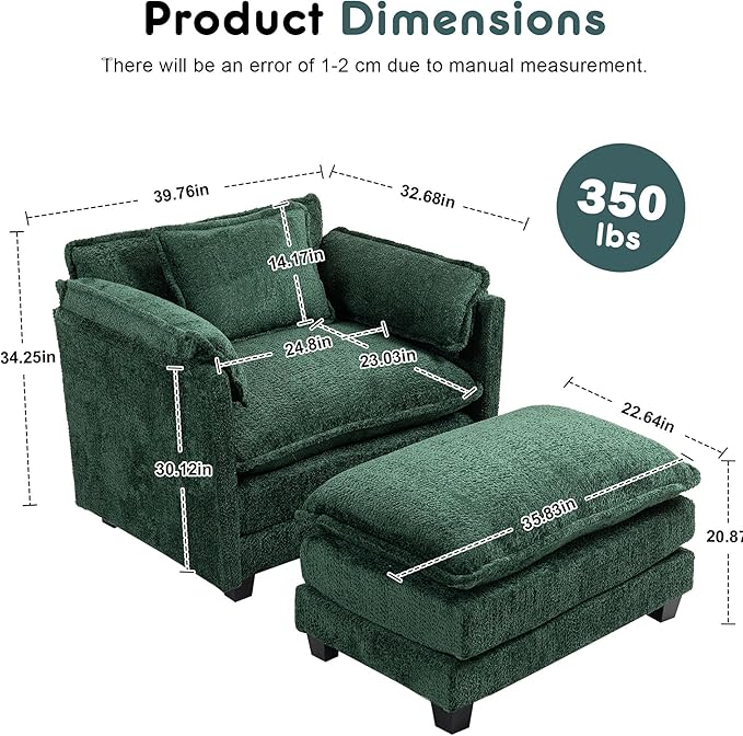 Accent Chair Comfy Oversized Sofa Sleeper Chair with Ottoman Modern Deep Seat Single Sofa Couch for Living Room Bedroom Study Balcony (Chenille Dark Green)
