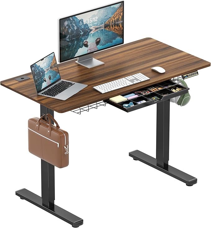 SHW 48-Inch Electric Height Adjustable Standing Desk with Drawer Memory Preset and Cable Management Tray Walnut
