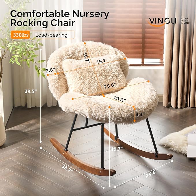 VINGLI 25.6 Extra Wide Nursery 115° Armless Rocking Chair Curved Cute Cross-Legged Glider Chair with Pillow &amp Solid Wood Nursing Chair for Bedroom Living Room Fluffy Fleece Khaki