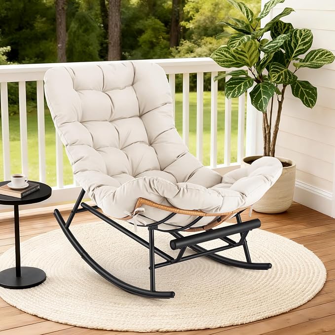 IDEALHOSUE Papasan Rocking Chair with Foot Rest Ergonomic Papasan Chair with Thick Waterproof Cushion Metal Frame &amp PE Rattan Lounge Chairs for Living Room Bedroom Relaxation Space