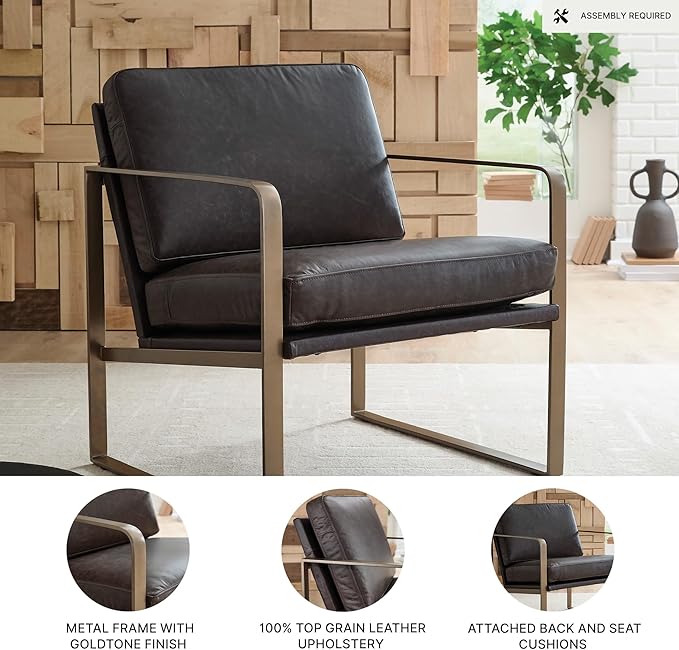 Signature Design by Ashley Bradett Modern Leather Upholstered Accent Chair with Metal Frame Dark Brown &amp Metallic
