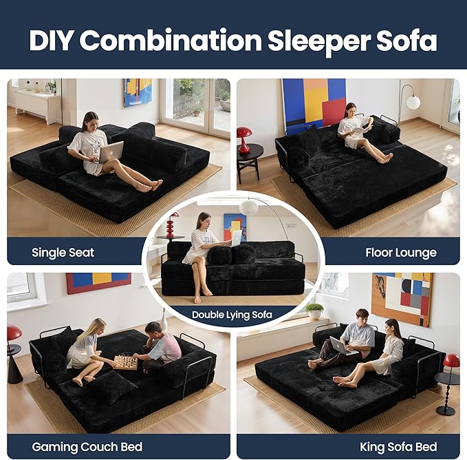 4-in-1 Folding Convertible Sofa Bed 81 Boneless Couch with Pillow Back Support Armrest Corduroy Loveseat Sleeper Compression Couch Floor Sofas Futon for Living RoomBlack
