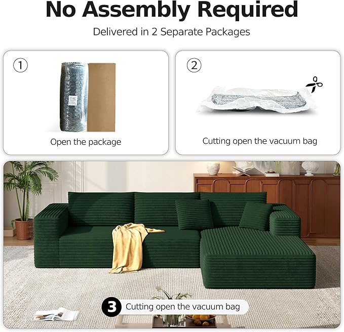 MoonSpeak 107 Sectional Boneless Couches for Living Room.Deep Seat Corduroy L Shaped Modular Sofa.Cloud Sectional Sofa.Upholstered Couches with Oversized Chaise(GreenRight Chaise)