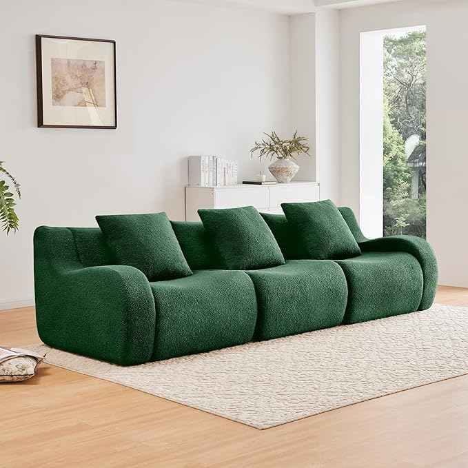 Boneless Cloud Couch Modular Sectional Sofa 115.3 Comfy Teddy Fabric 3 Seater Sofa Deep Seat Sectional Couches for Living Room Modern Small Couches for Small Space No Assembly Couch Green