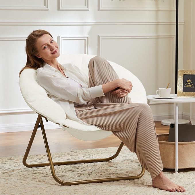 Simple Deluxe Saucer Chair Round Foldable Reading Chairs X-Large Size Cozy Papasan Chair Comfy Furry Padded Moon Chair Round Dorm Chairs for Bedroom Living Room White