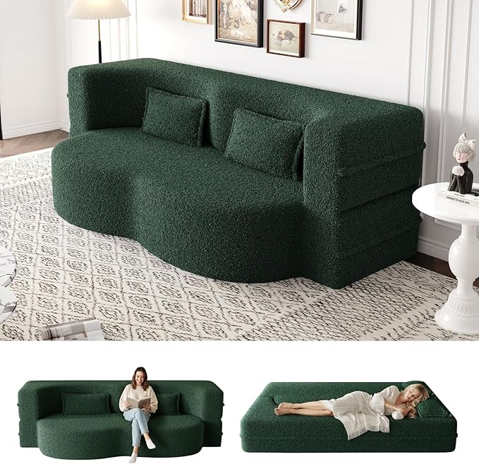 Convertible Folding Foam Sofa Bed15 Full Size Floor Sleeper Couch Futon Loveseat Sofa for Living Room Bedroom No Assembly Required (Green)