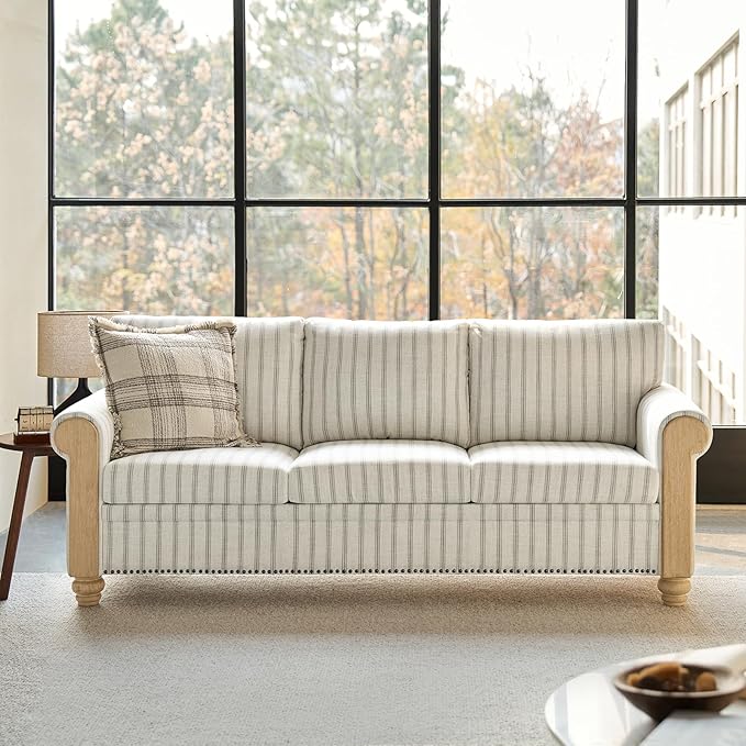 HULALA HOME 81 Farmhouse Couch with Stripe Pattern 3 Seater Sofa with Solid Wood Legs and Rolled Wide Armrests Comfy Upholstered Sofa with Nailhead Trims FSC Certified Stripe