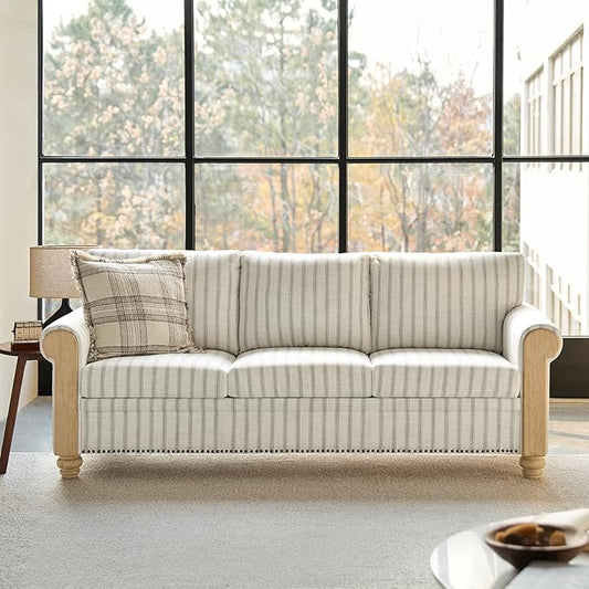 HULALA HOME 81 Farmhouse Couch with Stripe Pattern 3 Seater Sofa with Solid Wood Legs and Rolled Wide Armrests Comfy Upholstered Sofa with Nailhead Trims FSC Certified Stripe