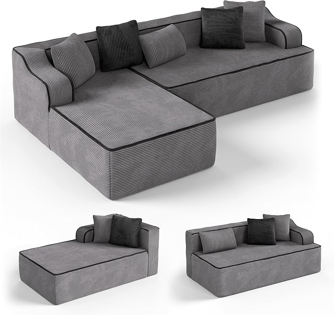 104 Cloud Boneless Sectional Couch with L-Shape Chaise Upholstered Corduroy Couch with Deep Seat No Assembly Required Compressed Sofa for Living Room Apartment Grey