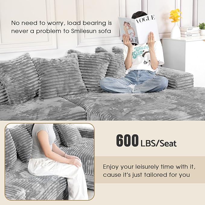 smilesun Luxe Oversized L Shaped Sofa with ChaiseComfy Faux Fur Plush L Shaped Sectional Couches with 8 PillowsSoft Fluffy Upholstered Sofa Bed for Living Room Apartment Bedroom (Grey)