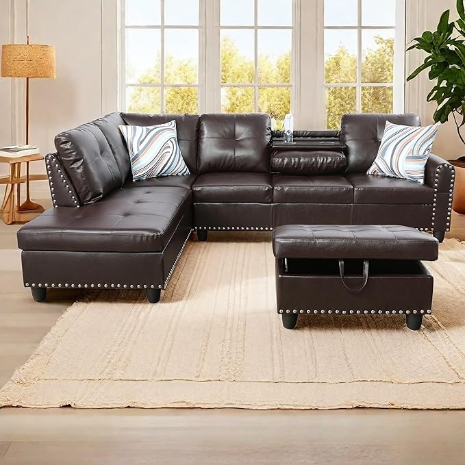 L Shaped Sectional Couches Convertible Lounge Leather Couch with Reversible Cup Holder Nail-Head Design Modern Modular Sectional Sofa for Living Room Furniture Sets Brown A