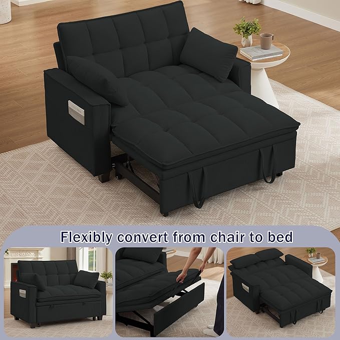 Sleeper Sofa with Pull Out Couch Bed 48.43 Convertible Pull-Out Sofa Bed Chair 3-in-1 Futon Couch with Reclining Backrest and Side Pockets for Living Room Bedroom Apartment Light Grey