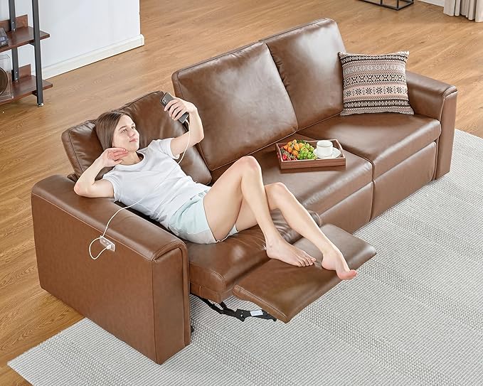 AMERLIFE 44” Power Recliner Chair with 8.5” Wide Armrests Single Electric Reclining Sofa with USB Charging Port Leather Recliner for Living Room Brown