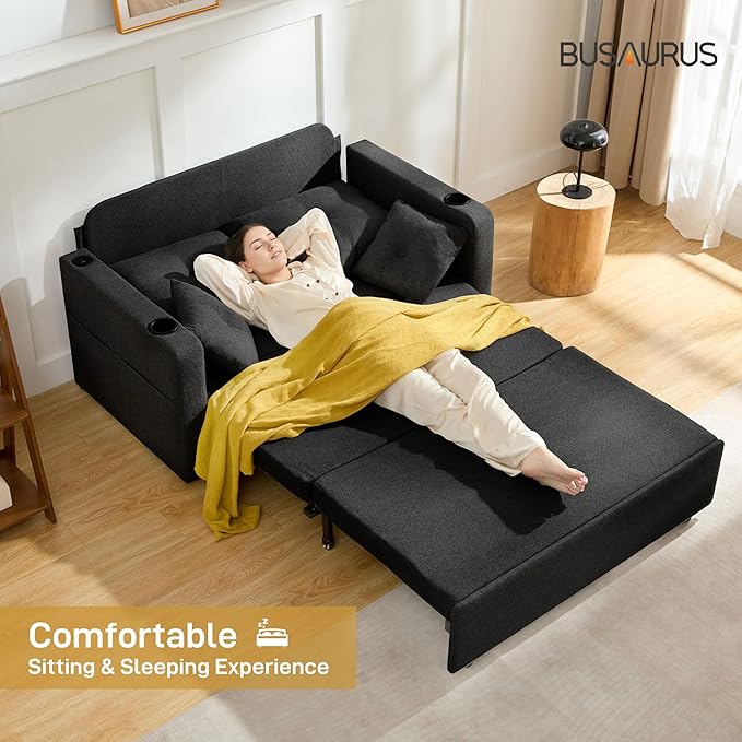 Sleeper Sofa Bed Convertible Pull Out Couch 56 Full Size Loveseat Sleeper Sofa with 4 Pillows Pocket &amp USB Small Couch Bed for Small Spaces Bedroom Apartment Living Room Linen Black