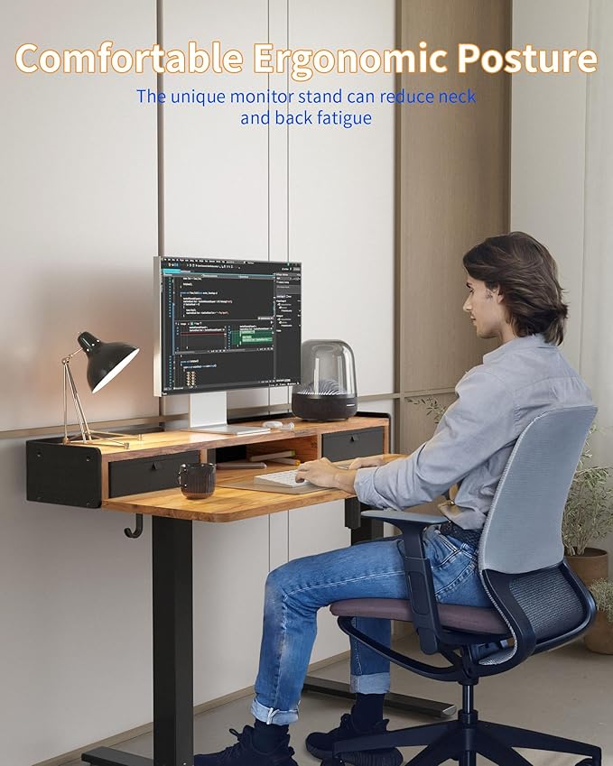 YIHAYO Electric Standing Desk with Drawers 48 x 24 Inches Adjustable Desk with Storage Shelf Stand Up Desk with Splice Board Computer Table for Home Office Black Frame/Rustic Brown Top