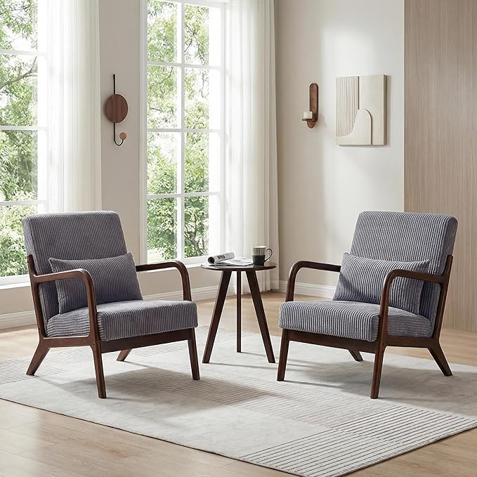 Accent Chair with Side Table Comfy Arm Chair with Solid Wood Frame Upholstered Mid-Century Modern Chair for Living Room Bedroom Waiting Room Dark Grey