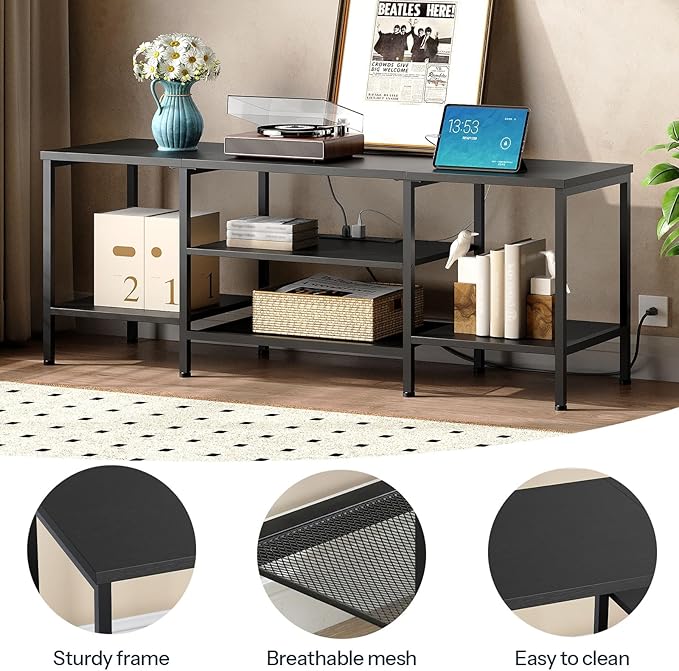 HOOBRO TV Stand with Power Outlets to 65 Inches TV Console Table with Open Storage Shelves Industrial Media Entertainment Center for Living Room Bedroom Black BB40DS01