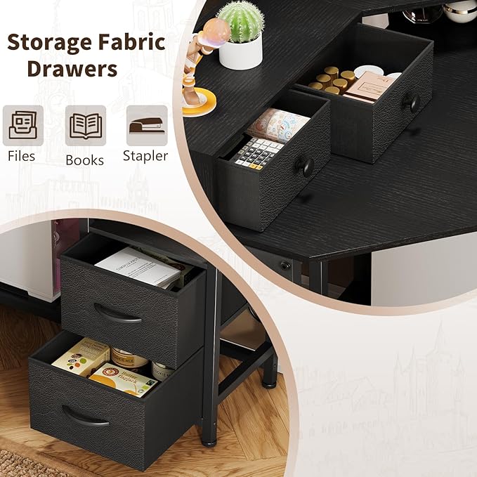 Corner Desk with 6 Drawers Shelves for Small Space Computer Desk with Power OutletsGaming Desk with Printer Monitor Stand Storage for Home Office Workstation Writing Table (Black 31.5)