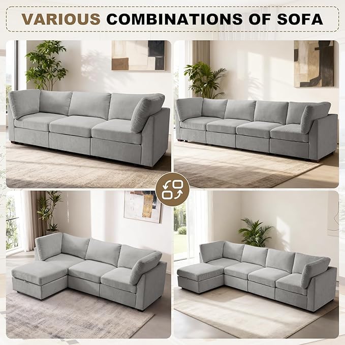 EDILLY 94 inches Oversized Modular Sectional Fabric Cloud Sofa Set Extra Large L Shaped Couch Reversible Chaise Couch3 Seat Modular Sofa Light Grey