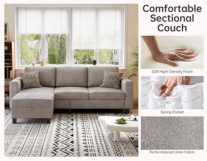 Sectional Sofas Couches for Living Room 3 Seater L Shaped Couch with Storage Ottoman 78 Modern Linen Fabric Brown Sofa for Apartment Studio Office Small Space