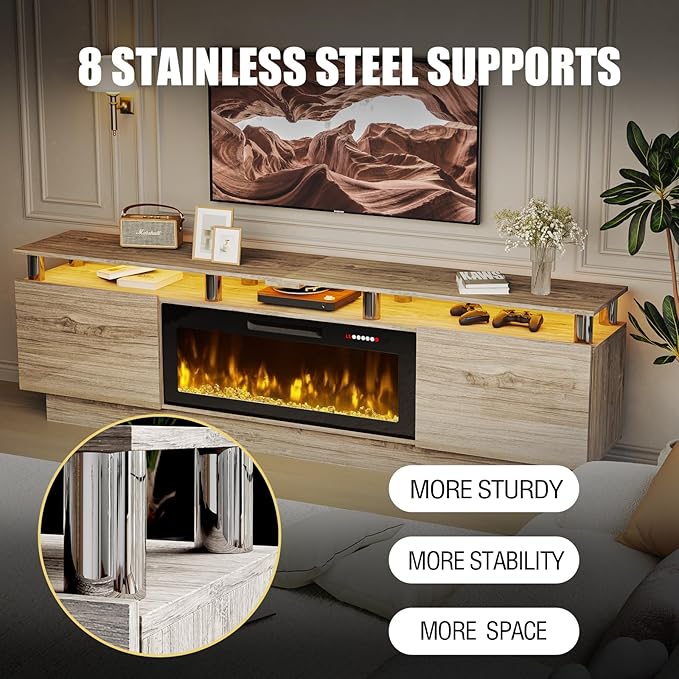 80 Modern Fireplace TV Stand with 36 Electric Fireplace for TVs Up to 90 inch Luxury LED Light Entertainment Center with High Gloss Cabinet TV Consoles for Living Room Grey