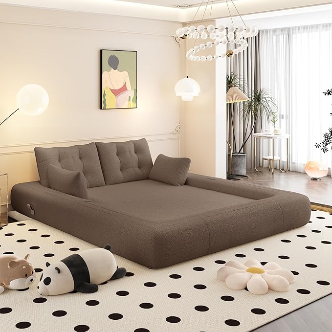 Polibi 78.7 Foldable Sofa Bed 3-in-1 Convertible Floor Couch Sleeper with Removable Teddy Fabric Cover &amp 4 Pillows – Multi-Functional Foam-Filled Sleeper for Living RoomNo Assembly Required (Br