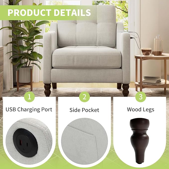 Small Accent Chair Comfy Reading Chairs for Adults with Side Storage Ergonomic Armchair with Wide Backrest Room Chairs with USB Charging Port Living Room Apartment Bedroom (Beige)