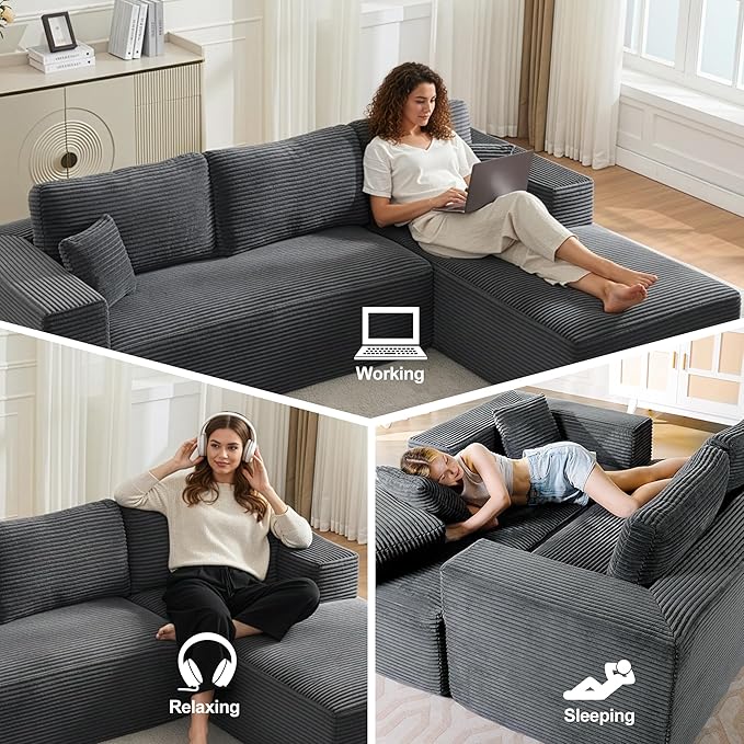Modular Sectional Cloud Couch for Living RoomModern Boneless Couche Set with Plush CorduroyComfy Floor Sofa with Memory FoamStupendous U Shaped SofaNo Assembly RequiredGrey