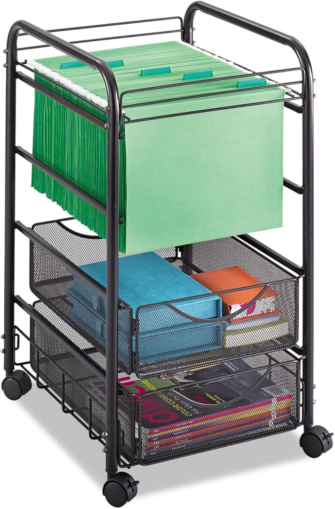 Safco 5215BL Onyx Mesh Open File Cart with 2 Storage Drawers Black