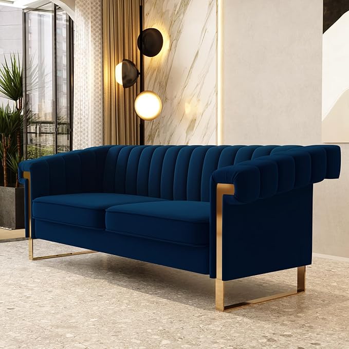 Mid-Century Modern Blue Velvet Sofa with Gold Metal Legs 83.86 Luxury Chesterfield Comfy Couches for Living Room (Velvet Blue)