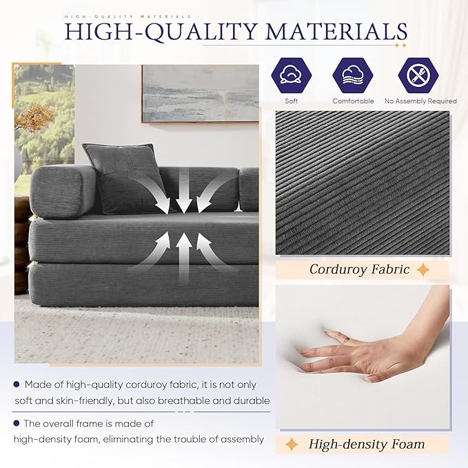 Convertible Folding Sofa Bed Corduroy Sleeper Mattress Couch with Fixed-Shape Frame Free Combination Loveseat Lounge Floor Sofa Queen Size Memory Foam Couch for Living Room Bedroom Dark Grey