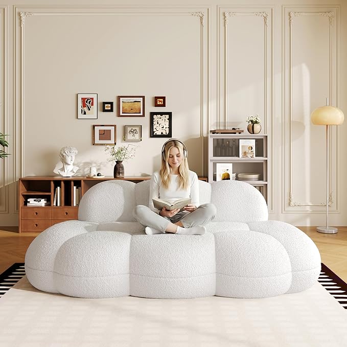 Floor Couch Modern Curved Loveseat Sofa Lazy Sofa Round Floor Sofas Cloud Memory Foam Couches for Living Room Apartment Small Spaces (No Assembly White)