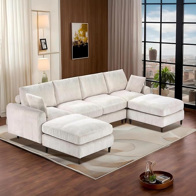 Anwick 126 L-Shaped Modular Sectional SofaModern Corduroy Fabric Sofa Couch with Movable Ottoman4 Seat Convertible Sleeper Sectional Couches for Living Room Home Office (Beige 122 U-6 Seater)