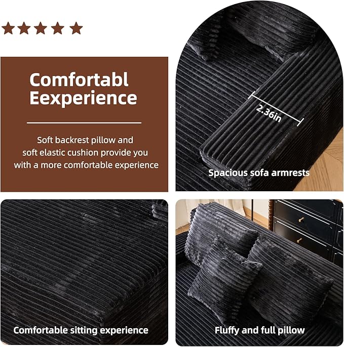 67'' Chaise Lounge Chair Indoor Oversized Upholstered Sofa Bed Modern Deep Seat Sofa Comfy Corduroy Sleeper Couch for LivingroomBedroomNo Assembly (Black)