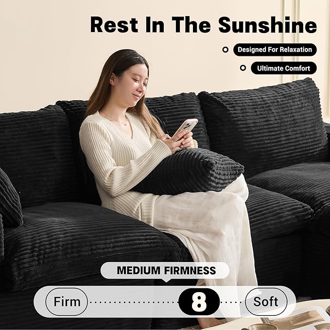 106.3” Sectional Couches for Living Room Set of Cloud Couch Modular Sectional Sofa Convertible Sofas Bed Deep Seat Sofa L Shaped Cozy Sofa Furniture Set Corduroy Black