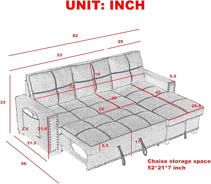 Ucloveria Reversible Sectional Sofa Couch Sleeper Sofa Bed with Storage Chaise Pull Out Couch Bed for Living Room L-Shape Lounge 2 in 1 Sectional Couch with Pull Out Bed Black