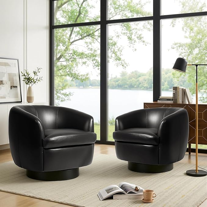 UIXE Leather Swivel Barrel Accent Chairs Set of 2 Comfy Round Faux Leather Armchair Reading Chair for Living Room Barrel Club Chairs Bedroom Black