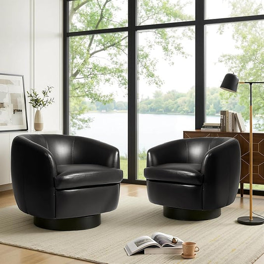 UIXE Leather Swivel Barrel Accent Chairs Set of 2 Comfy Round Faux Leather Armchair Reading Chair for Living Room Barrel Club Chairs Bedroom Black