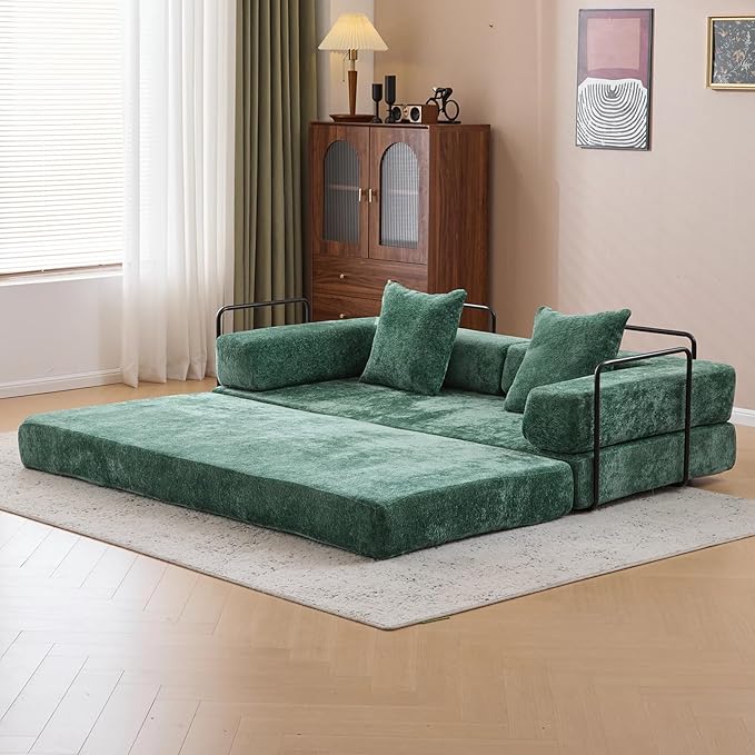 77 Convertible Sleeper Sofa Bed with Fixed-Shape Frame Modern Chenile Folding Boneless Couch with 2 Pillows Comfy Floor Sofa Couch for Living Room No Assembly Required Green