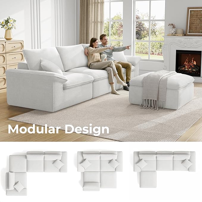 LIKIMIO 120 L-Shaped Modular Sectional Sofa Cloud Sectional Couch with Deep Seat Comfy Teddy Upholstery Oversized 3-Seater with Ottoman Boneless Couch for Living Room No Assembly White