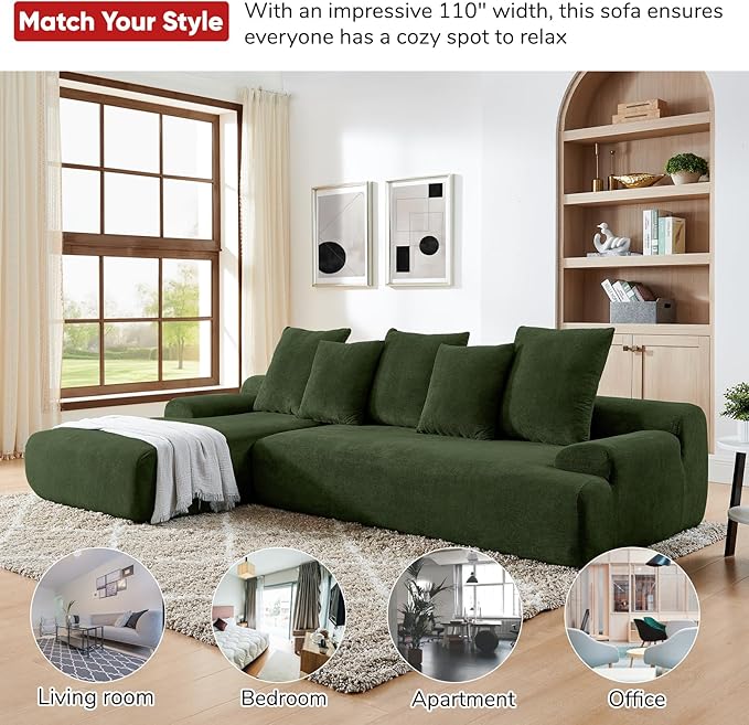 JOYBASE 110 Modular Sectional L-Shaped Cloud Couch Minimalist 4 Seat Couch with Deep Seat Left Facing Chaise for Living Room Office No Assembly Required (Green)