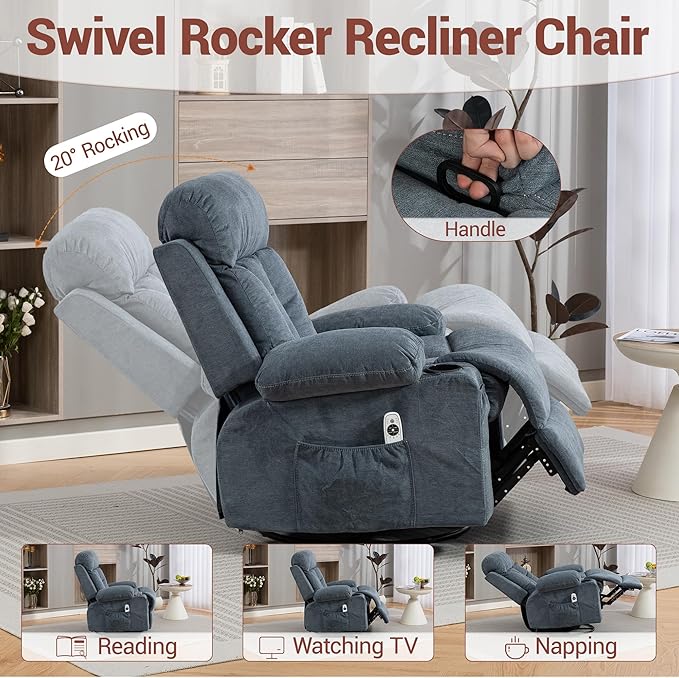360° Swivel Rocking Chair Rocker Recliner Chair with Vibration Massage and Heat Ergonomic Lounge Chairs with Rocking Function and Side Pocket Cup Holders Blue