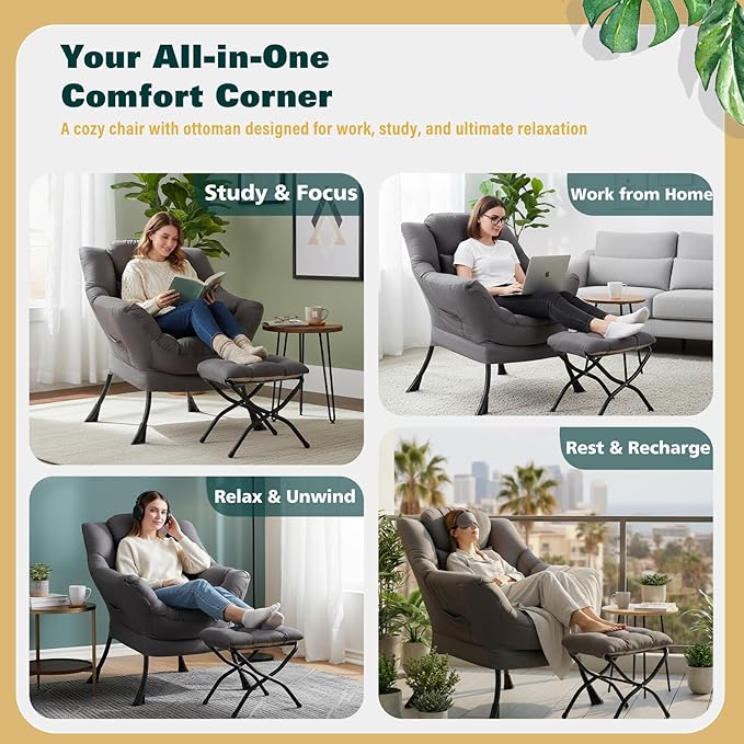 Lazy Chair with Ottoman Large Accent Chair with Ottoman and a Throw Pillow Dark Grey Reading Chair for Living Room Bedroom Dorm Room Office Apartment Relaxing Use