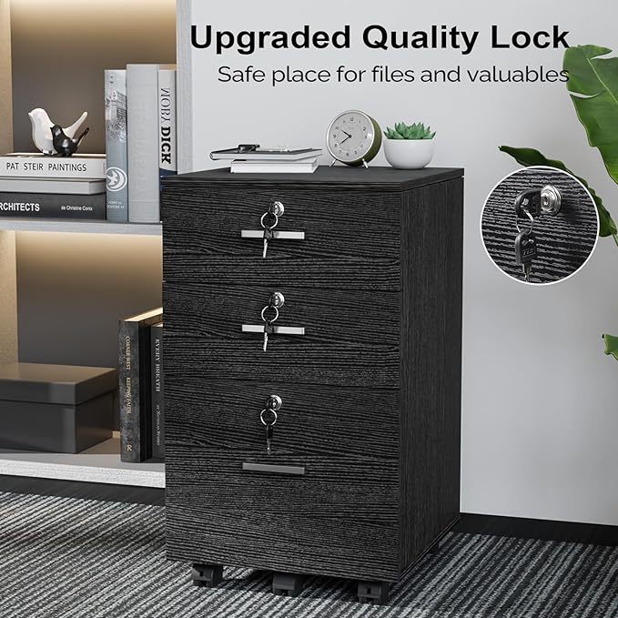 VINGLI 3-Drawer File Cabinet with Lock Wood Rolling Filing Cabinets for Home Office Mobile Printer Stand Under Desk File Organizer for Letter Sized Files 26 H(Caster Included) Black