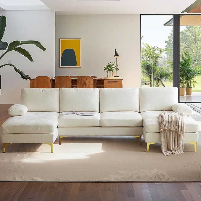 VINGLI 110 Large U-Shape Sectional Sofa Couch with 51 D Double Chaise for Living Room Modern Sectional Couch Set with Soft 5.9 Thickness Seating Padding Chenille FabricMetal Gold Legs(Beige)