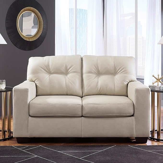 Signature Design by Ashley Santorine Classic Leather Match Loveseat with Tufted Cushion and Removable Cushion Light Gray