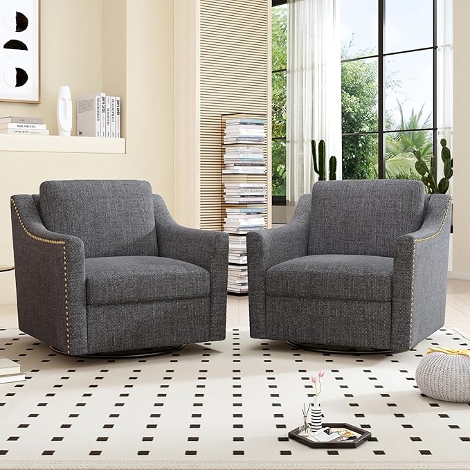 Upholstered Swivel Barrel Chair 31 Wide Modern Fabric Ergonomics Single Sofa Chair Living Room Bedroom Accent Chair Comfy Club Swivel Chair (Cotton Linen Dark Grey)